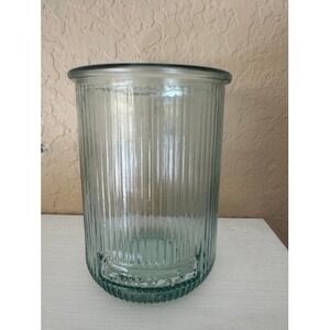 100% Recycled Glass Ribbed Vase Light Green Fluted Cylinder Canister 5.5 inch